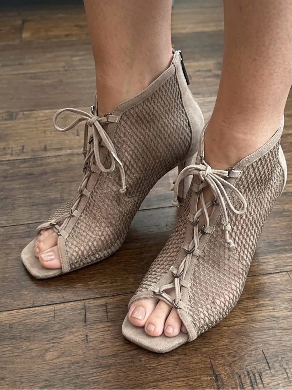Louise et Cie Taupe Lace-Up Peep Toe Ankle Booties